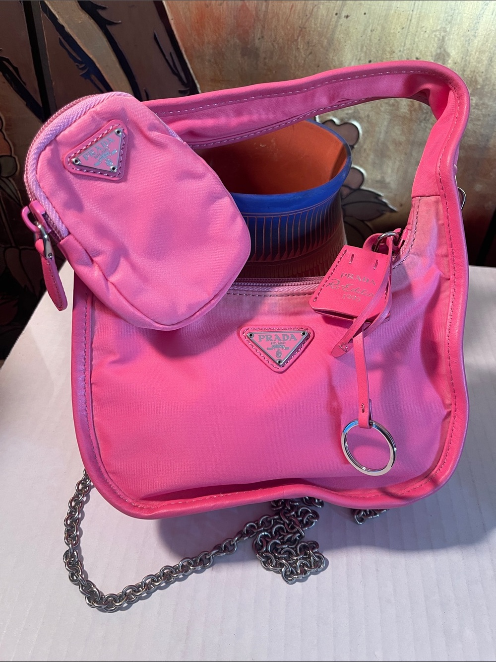 Prada Re-edition 1995 Hot Pink Nylon Shoulder Bag with Detachable Mini Pouch